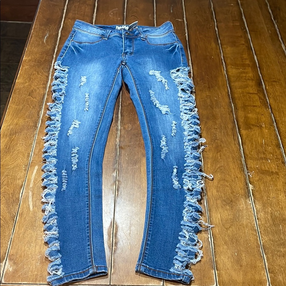Pink Label Skinny Blue Jeans with Distressed Lace Detail Size 1 Stretch